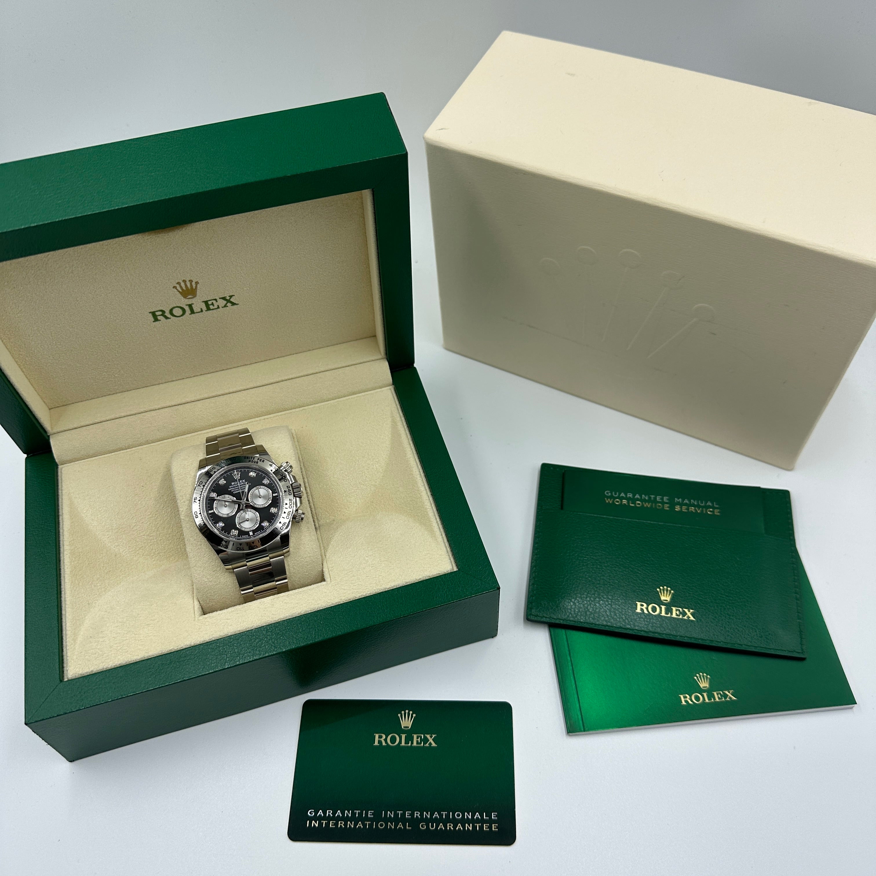 Rolex Cosmograph Daytona 126509 Helles Schwarz und Stahl mit Diamanten besetzt