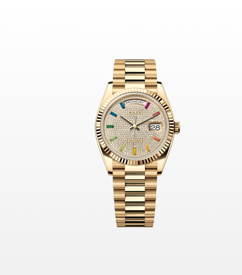 Rolex Day-Date 36 128238 Pave Rainbow Dial Yellow Gold