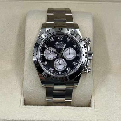 Rolex Cosmograph Daytona 126509 Helles Schwarz und Stahl mit Diamanten besetzt