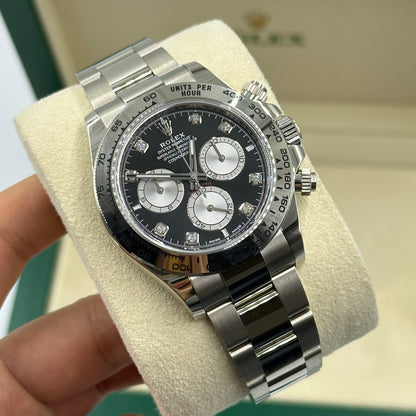 Rolex Cosmograph Daytona 126509 Helles Schwarz und Stahl mit Diamanten besetzt