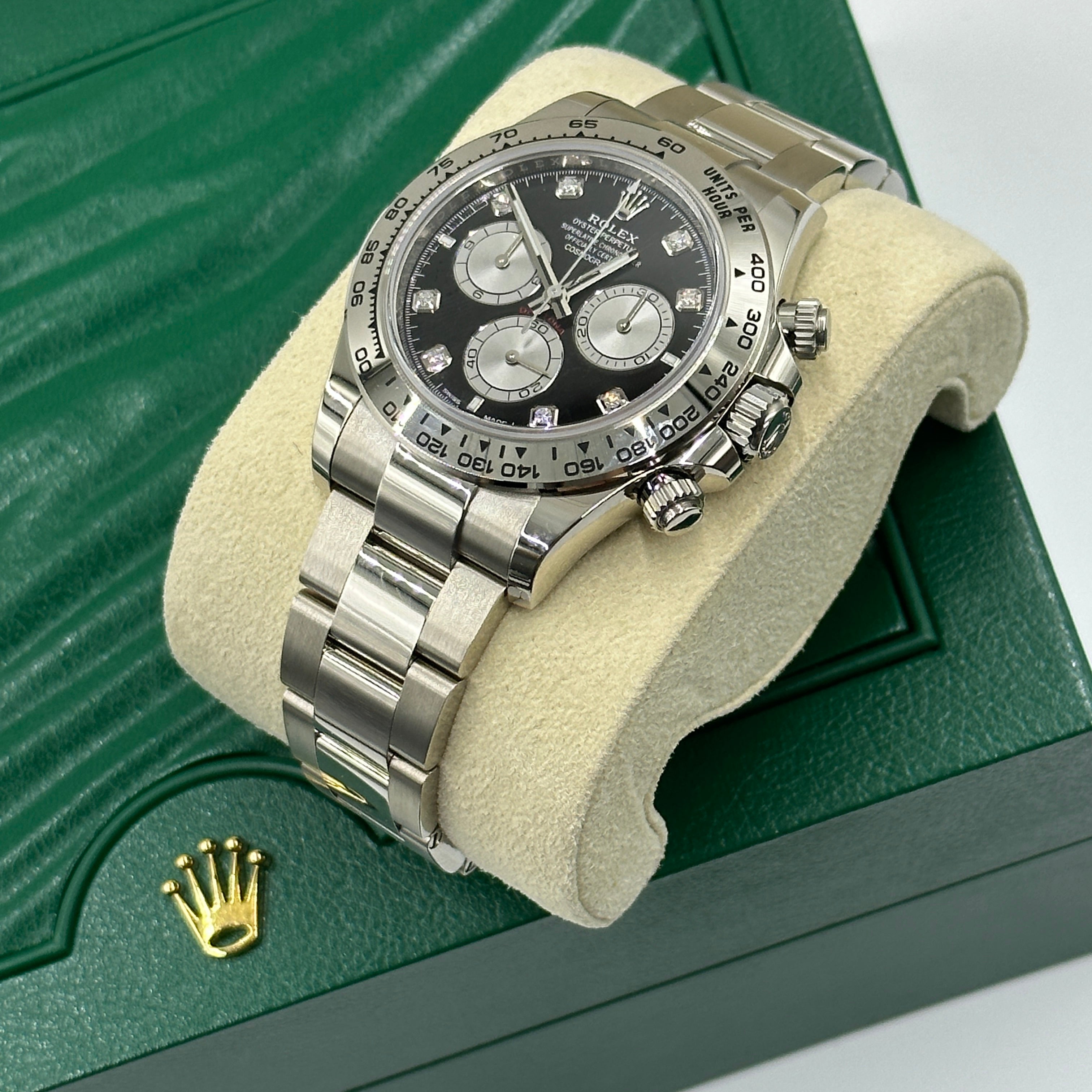 Rolex Cosmograph Daytona 126509 Helles Schwarz und Stahl mit Diamanten besetzt