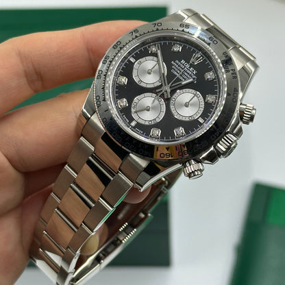 Rolex Cosmograph Daytona 126509 Helles Schwarz und Stahl mit Diamanten besetzt