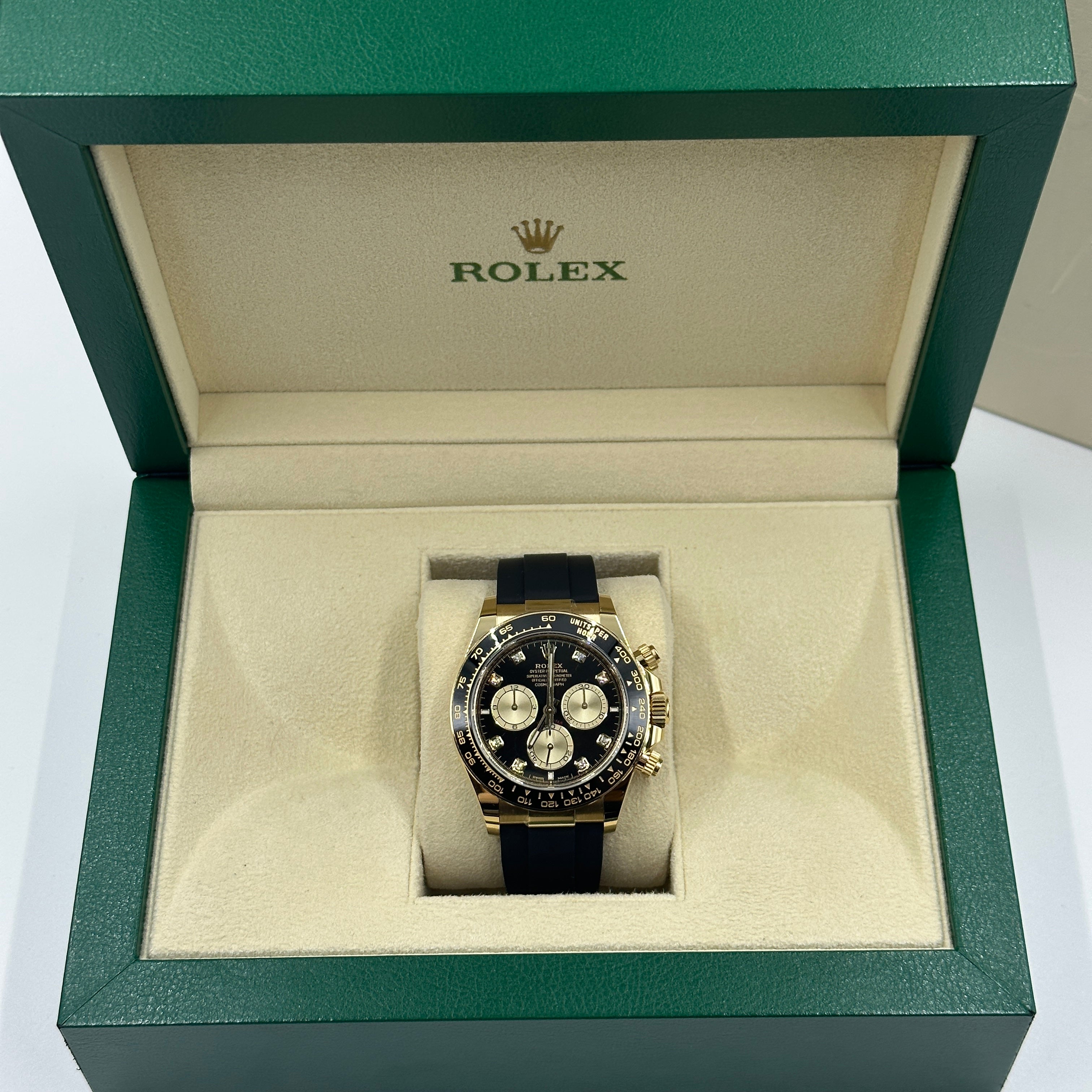 Rolex Cosmograph Daytona 126518 Leuchtend schwarz und golden mit Diamanten besetzt